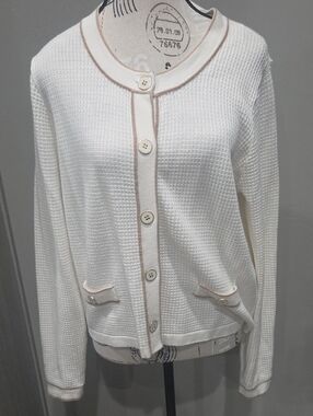 Cyrus Cream Knit Button-Front Cardigan with Beige Trim